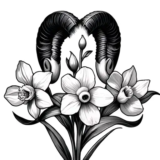 v, aries sign, ram horn, daffodil bud bursting tattoo design idea