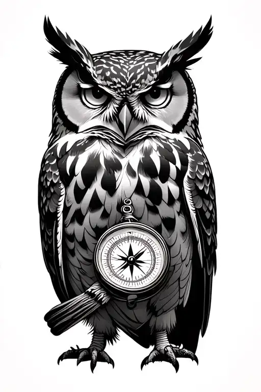 great horned owl carrying a compass tattoo design idea