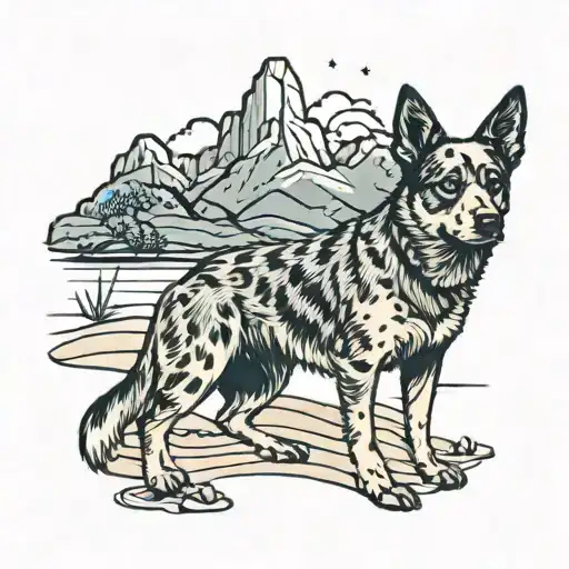 blue heeler on beach with trees and mountains in the background  tattoo design idea