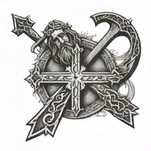 Christ chross with roman numbers on it: 29.05.1977 and 03.11.1975 and Romans 8:18 proverb under it  tattoo design idea