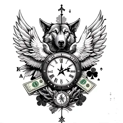 full arm sleeve of clock, doves, eye, shamrock, wolf, ace of spades, arrows, money, compass, laurel wreath, and wings tattoo design idea