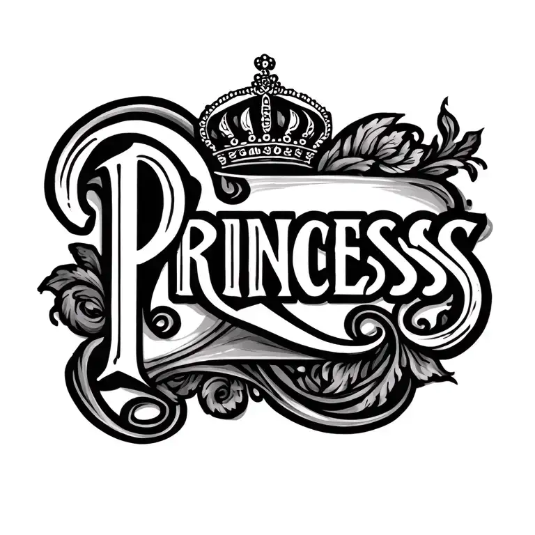 Text saying "princess" in elegante letters. nothing more or any desing, juts the letters tattoo design idea