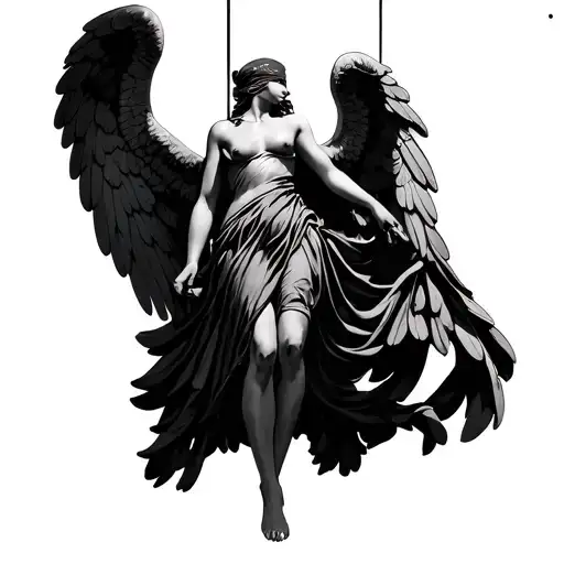 black and grey, Victory of Samothrace dress hanging from wires, no wings, bandana over eyes,  tattoo design idea