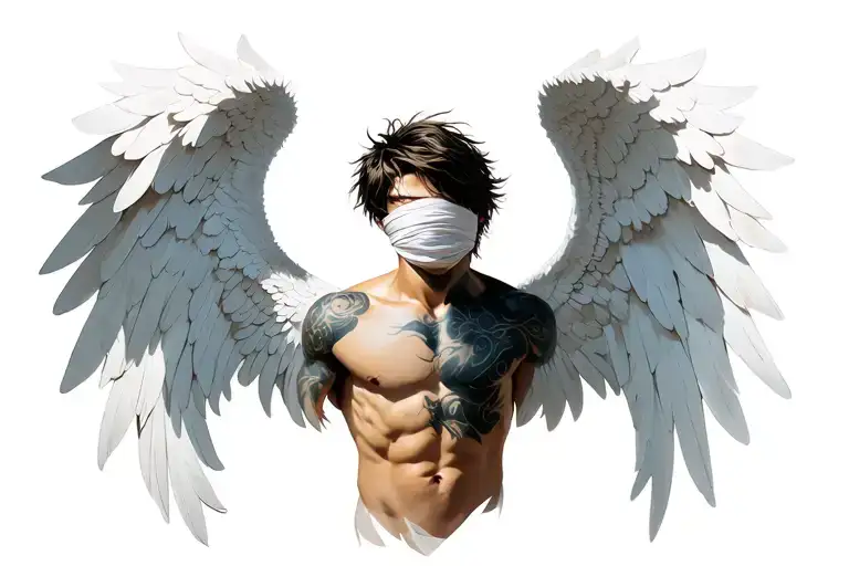 Blindfolded male angel with very short, messy hair. Fully open, asymmetrical wings. One side light, the other dark tattoo design idea