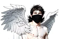 Blindfolded male angel with very short, messy hair. Fully open, asymmetrical wings. One side light, the other dark tattoo design idea