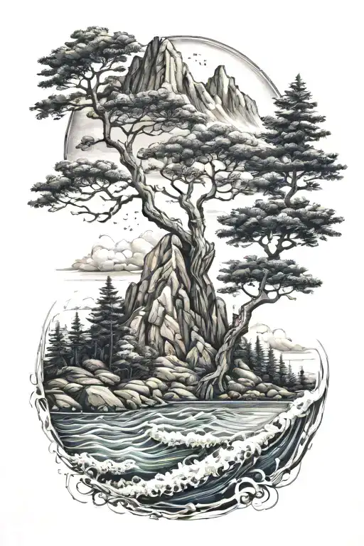 Ocean And Mountain Scene with trees tattoo design idea