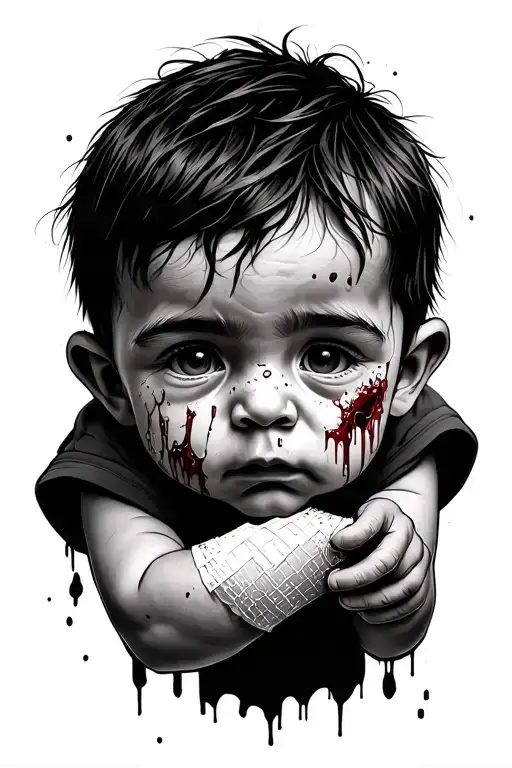 a very simple and little drawing of a child who has to put bandages on itself because it got hit with glass and bleeding tattoo design idea