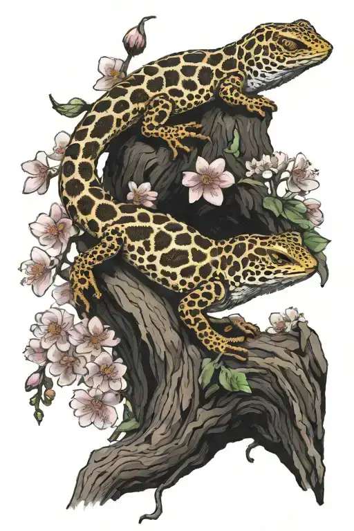 two leopard geckos on a branch with cherry blossoms at each end tattoo design idea