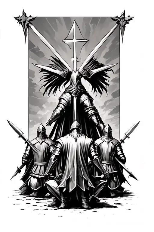 Knight templar in the middle of the back, and other knights kneelin gon each side tattoo design idea