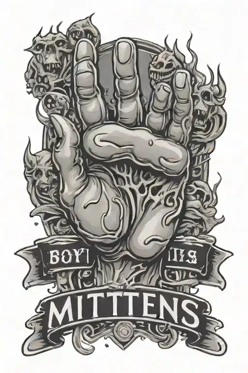 zombie hand reaching with the word 'mittens' in a banner surrounding it tattoo design idea