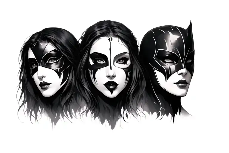 3 faces two masked one revealed simple tattoo design idea
