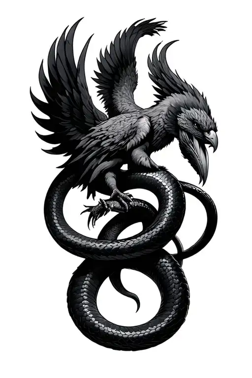 phoenix wrestling a black snake intertwined tattoo design idea