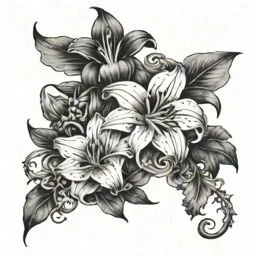 Left arm full sleeve tattoo. Black and white flowers, including lillies, with skulls mixed in. tattoo design idea