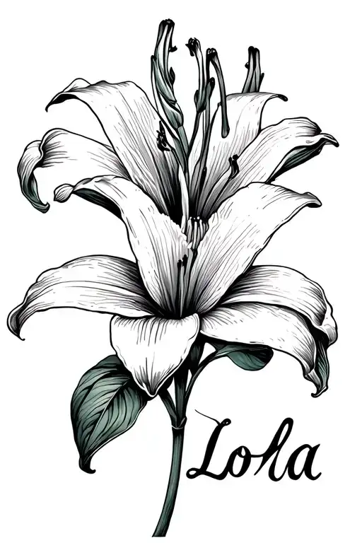 white Lilly with Lola written on or in flower blooming tattoo design idea