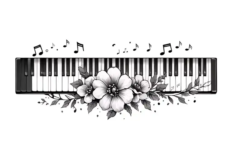 piano keys with flowers and music notes floating tattoo design idea