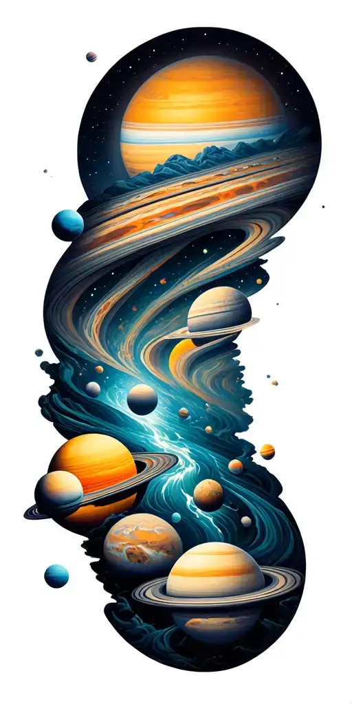 a universe with alot of planets flowing down, the planets are inside the river tattoo design idea