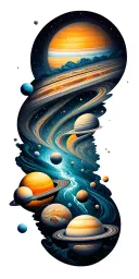 a universe with alot of planets flowing down, the planets are inside the river tattoo design idea