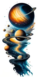a universe with alot of planets flowing down, the planets are inside the river tattoo design idea