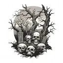 graveyard with a tree and skulls beneath tattoo design idea