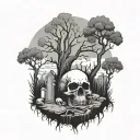 graveyard with a tree and skulls beneath tattoo design idea