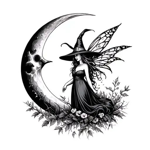 vintage fairy witch woman cottage core moon tattoo design idea