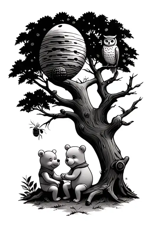 Winnie The Pooh with friends sitting around tree with a beehive in the tree and owl on branch tattoo design idea