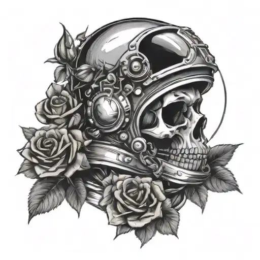 skeleton astronaut helmet adorned with roses tattoo design idea