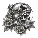 skeleton astronaut helmet adorned with roses tattoo design idea