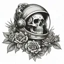 skeleton astronaut helmet adorned with roses tattoo design idea