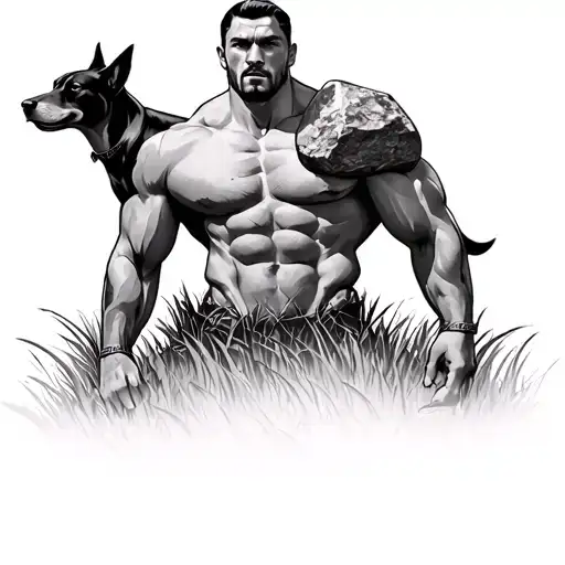 man with the dogs on grass caryying easily big  strongman stone on shoulder like atlas stone sizif . make man to be full tattoo design idea