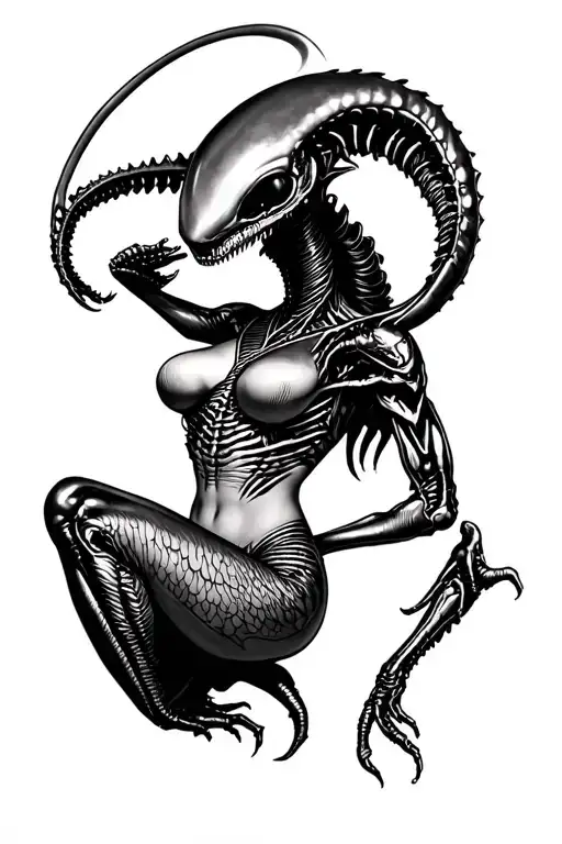 50s pin up xenomorph dynamic pose tattoo design idea