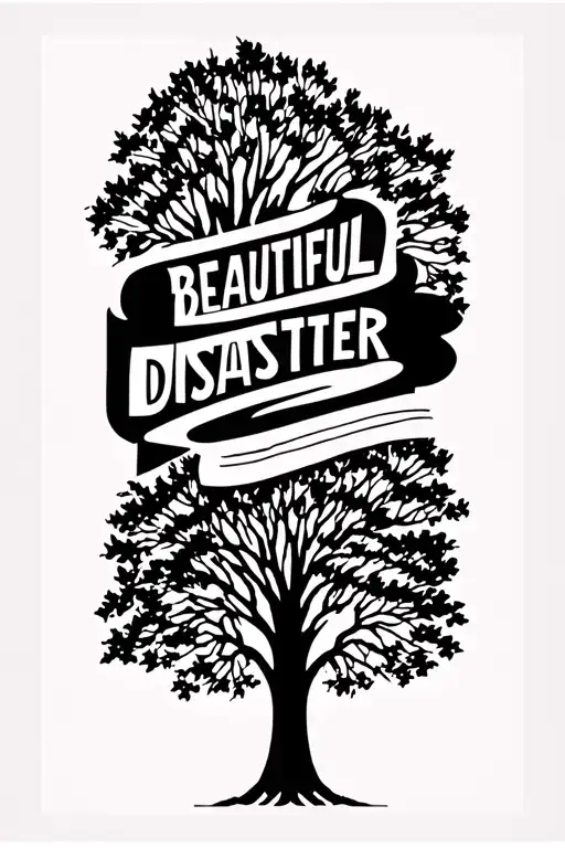 Block tattoo with tree and a word saying beautiful disaster tattoo design idea