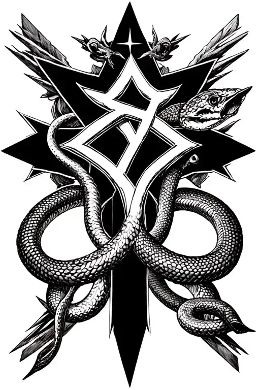 the esoteric style where the stars will be modified cadouses in the form of a cross with a snake and the number XVII in a star tattoo design idea