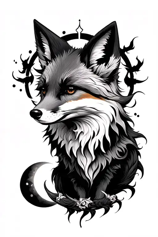 Fox with nine tails and piones and phases of the moon tattoo design idea