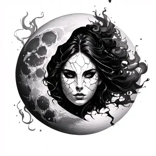Sagittarius, dark feminine, face behind cracked mask, waxing gibbous moon, 1987, smoke tattoo tattoo design idea
