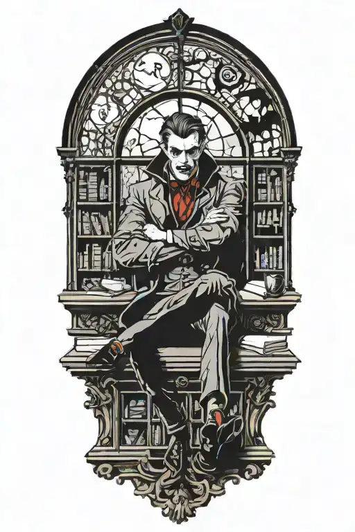 A vampire sitting in an office library. Full moon outside window. Bats  tattoo design idea