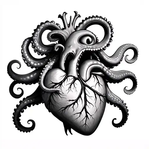 kraken with tentacles wrapped around a human heart tattoo design idea