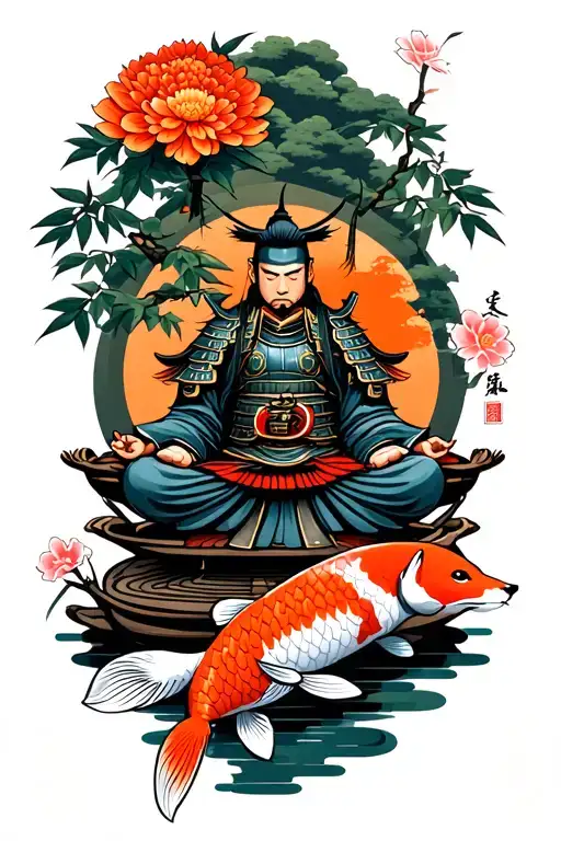 a samurai in armor meditating along with a koi fish, a fox, bamboo tree and Chrysanthemum flowers tattoo design idea