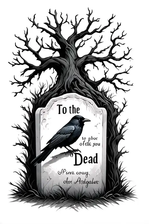 a crow on a grave with writing on it to the dead with a dark leafless tree tattoo design idea