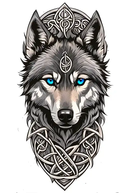 wolf with blue eyes featuring Celtic trinity knot  tattoo design idea