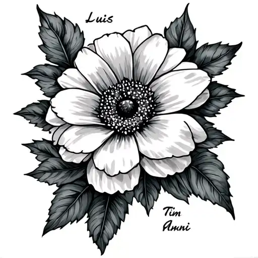 Flower on the inside forearm with the names Luis, Tim, Anni snowed tattoo design idea