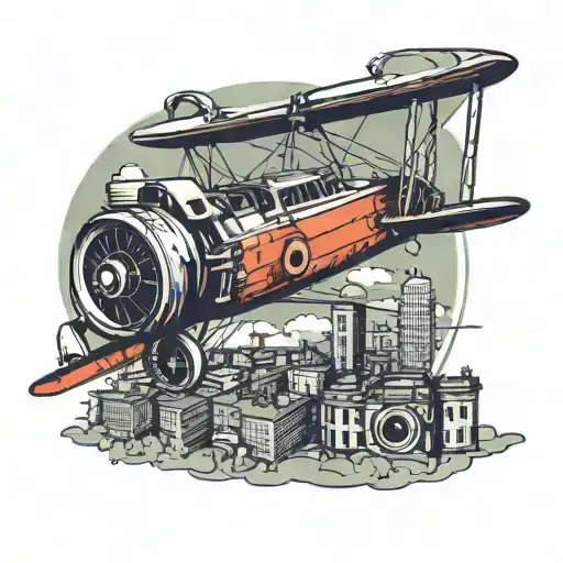 A vintage airplane flying over a cityscape, with a camera hanging from its wing, representing the client's love for aircraft and photography tattoo design idea