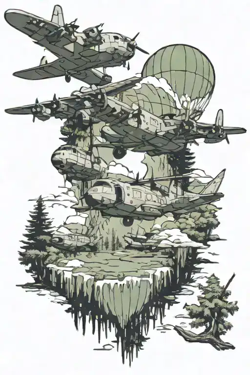 c130, paratroopers, grizzly bear, forest scene tattoo design idea