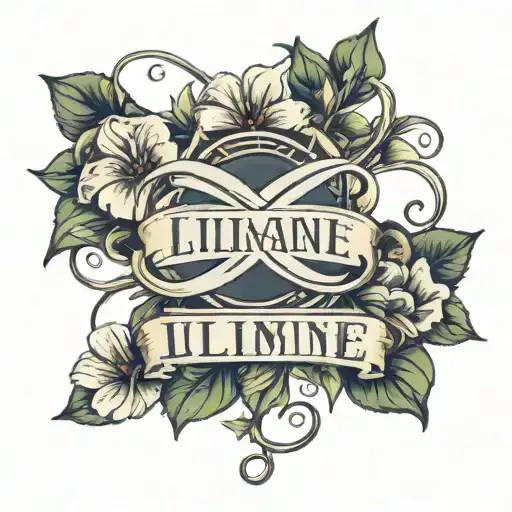 infinity symbol with morning glory flowers with a date of birth and the name "Lillianne" tattoo design idea