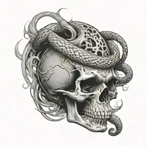 skull with smoke and snake intertwined tattoo design idea
