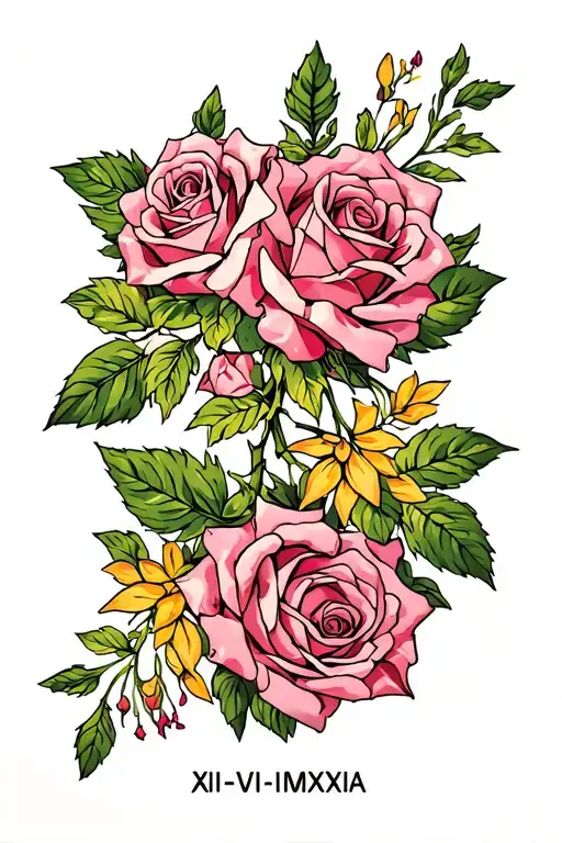 "XXI-VI-MMXXIV" roses and honeysuckle growing tattoo design idea