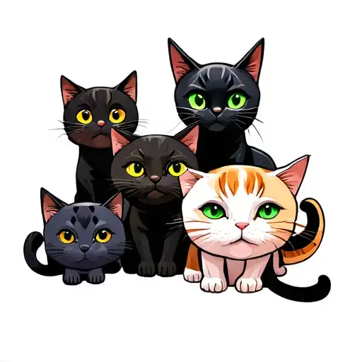 There are 6 cats, 2 blacks the yellow eyes and one larger and fatter with green eyes, also has a white whole tattoo design idea