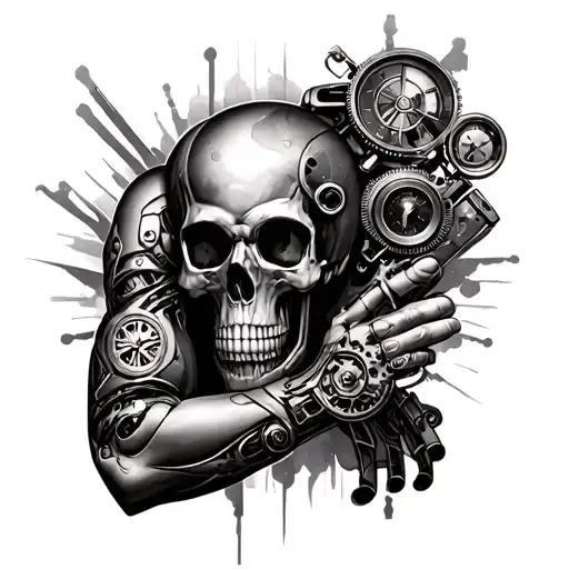 Act as an expert designer and create a spectacular tattoo that simulates a left arm in steampunk style, combining bionic tattoo design idea