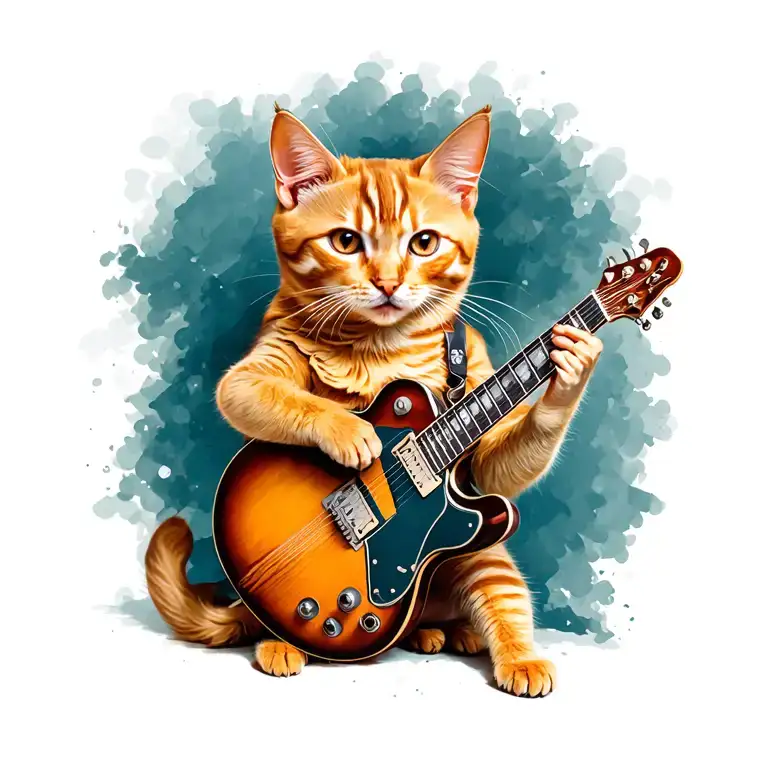 ginger cat playing a guitar tattoo design idea