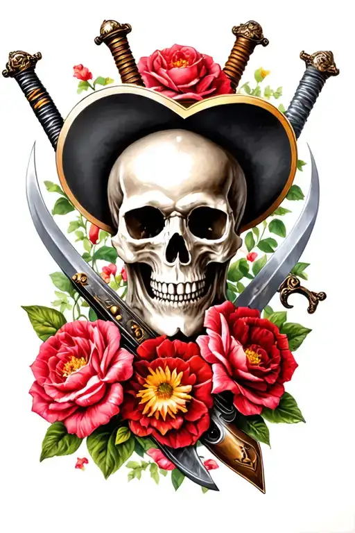 skulls, flowers, flintlock, pirate, swords tattoo design idea